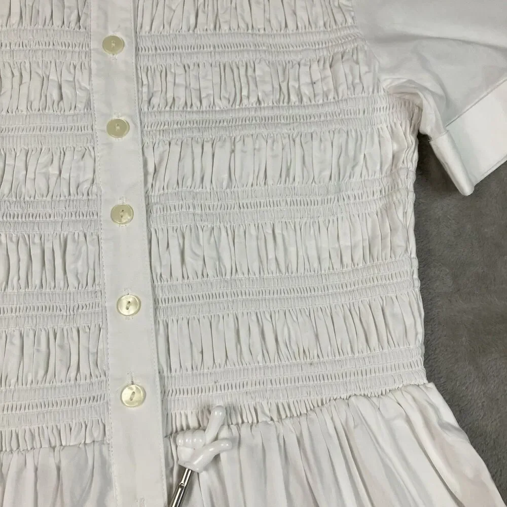 J Crew Petite Elsie Shirt Dress Womens SP White Cotton Poplin Smocked Button Up